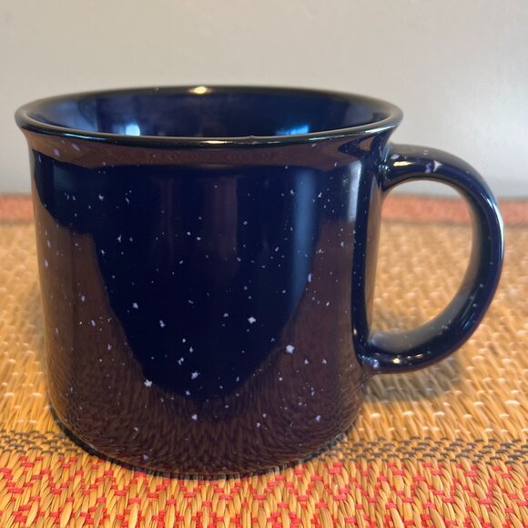Cobalt Blue and White Speckled Camping Campfire Style Wide-Mouth Stoneware Mug - Picture 1 of 9